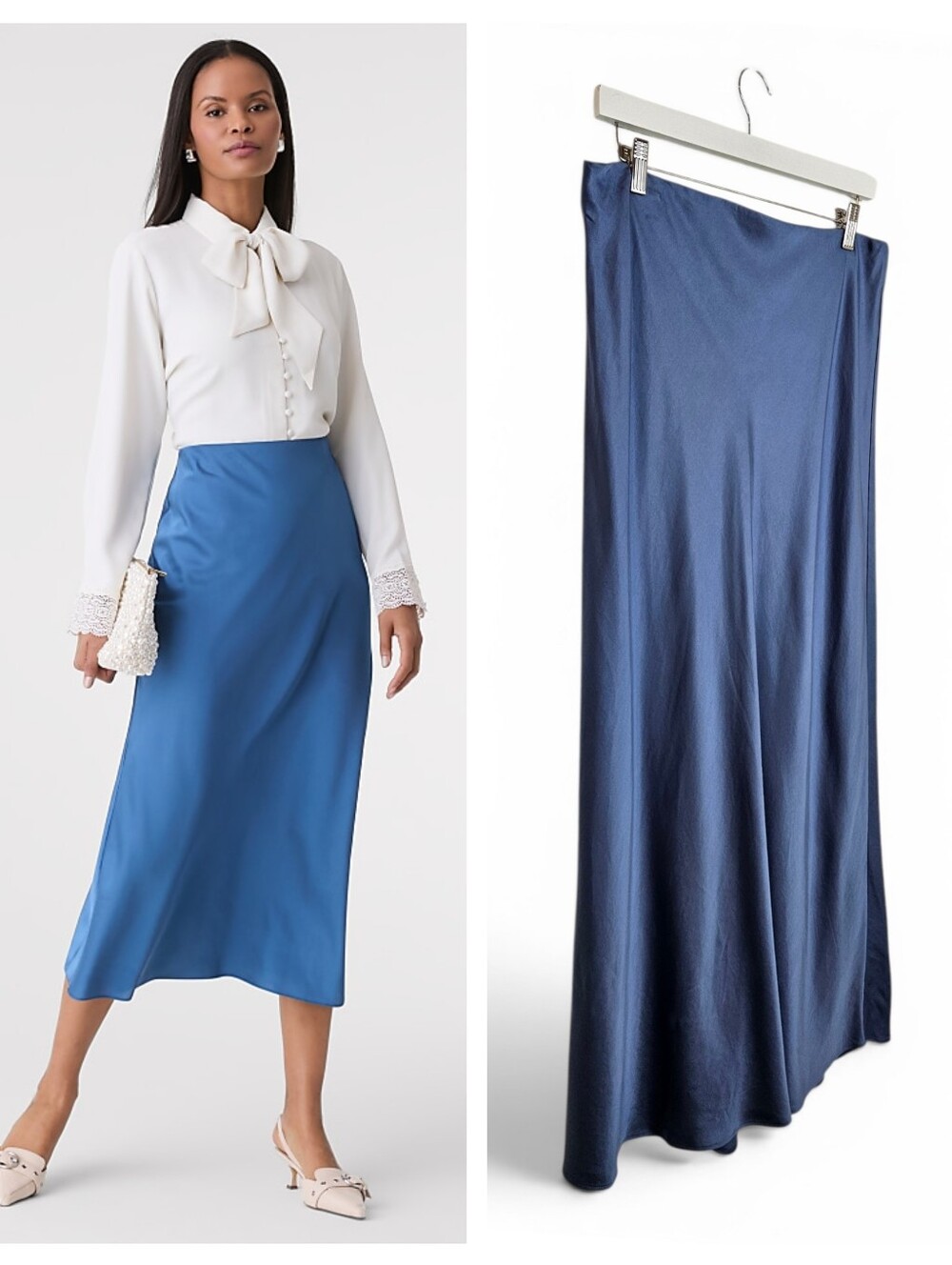 Ann Taylor Midi Slip Skirt Womens L Blue Satin Bias Elastic Waist Quiet Luxury